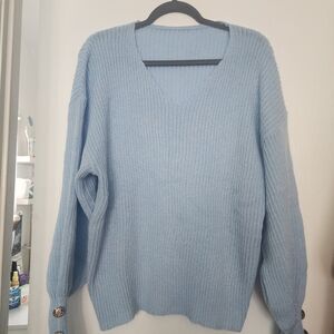Puff Sleeve V-Neck Blue Knit Sweater With 3 Buttons On Sleeve At Wristband